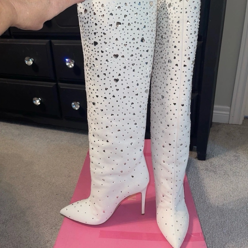 White Rhinestone Knee-High Stiletto Boots - Picture 9 of 10